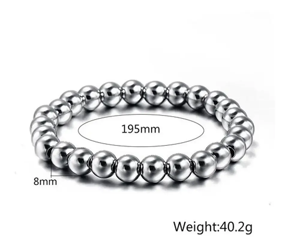 Pulsera Elastico Cuentas Acero Inoxidable Color Plata Hombre 2