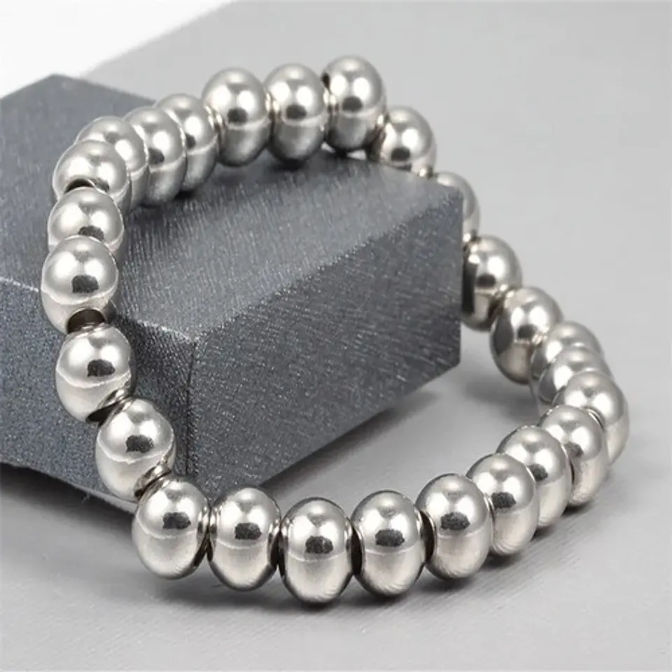Pulsera Elastico Cuentas Acero Inoxidable Color Plata Hombre 4