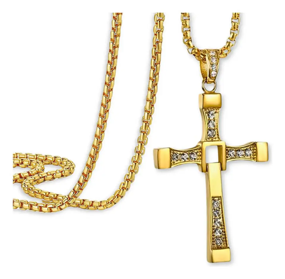 Collar Cruz Rapidos Y Furioso Dorado Acero Inoxidable Hombre 1