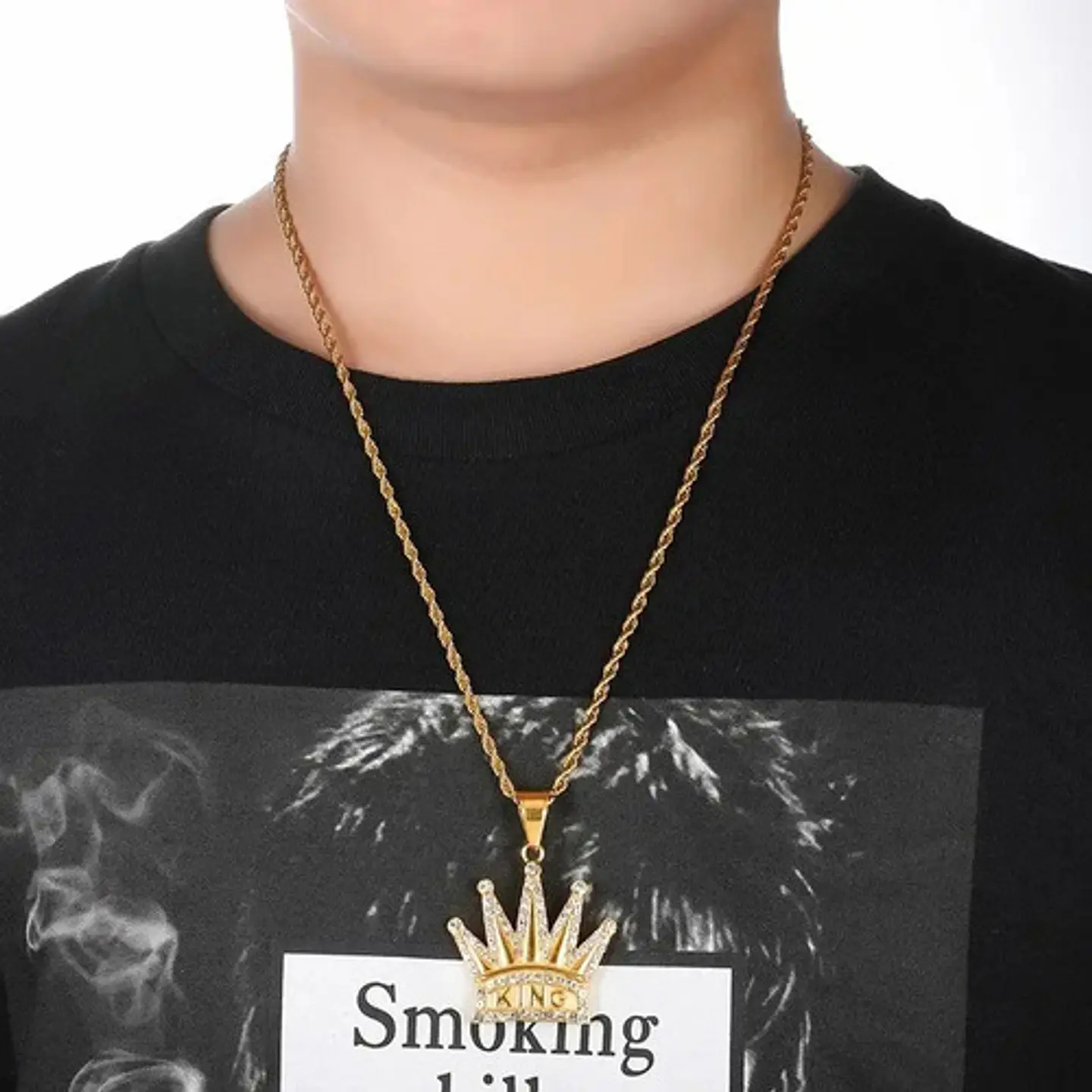 Collar Corona Rey Piedras Color Oro Acero Inoxidable Hombre 3