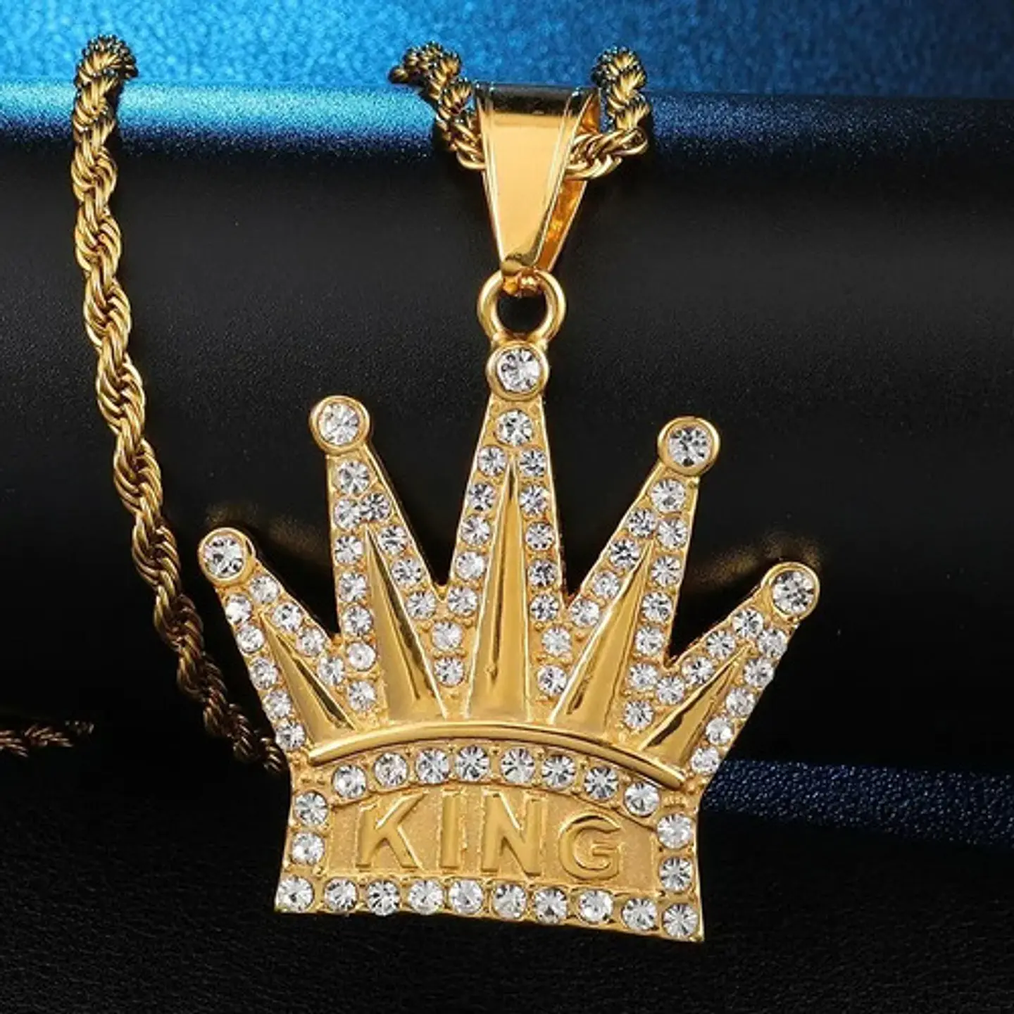 Collar Corona Rey Piedras Color Oro Acero Inoxidable Hombre 5