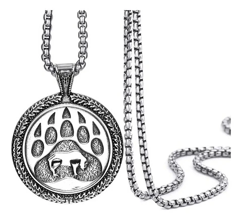 Collar Vikingo En Acero Para Hombre Dije Placa Oso Plateado