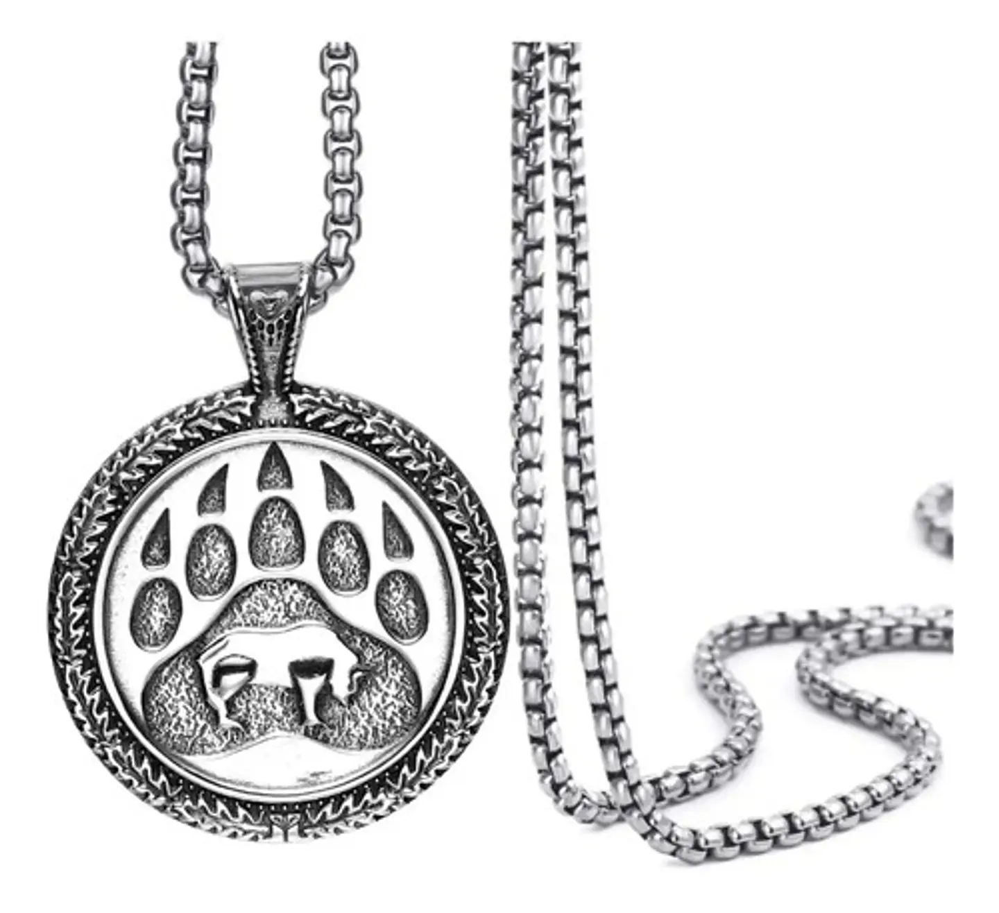 Collar Vikingo En Acero Para Hombre Dije Placa Oso Plateado 1