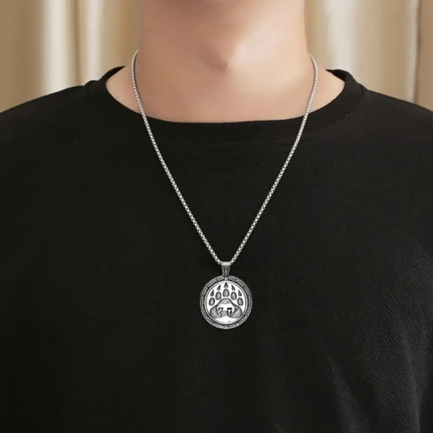 Collar Vikingo En Acero Para Hombre Dije Placa Oso Plateado 2