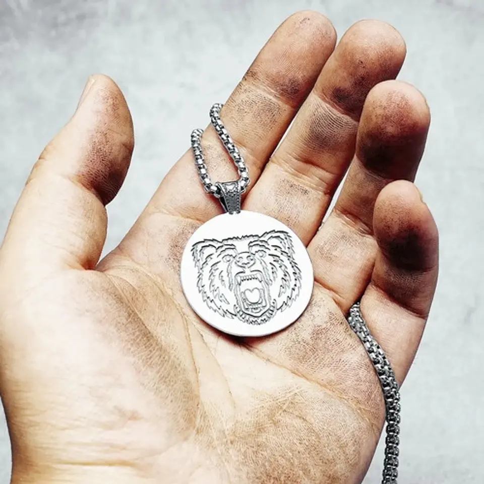 Collar Vikingo En Acero Para Hombre Dije Placa Oso Plateado 8