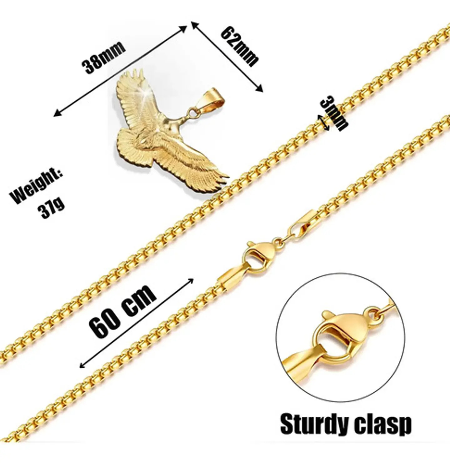 Collar Dije Aguila Hip Hop Color Oro Acero Inoxidable Hombre 3