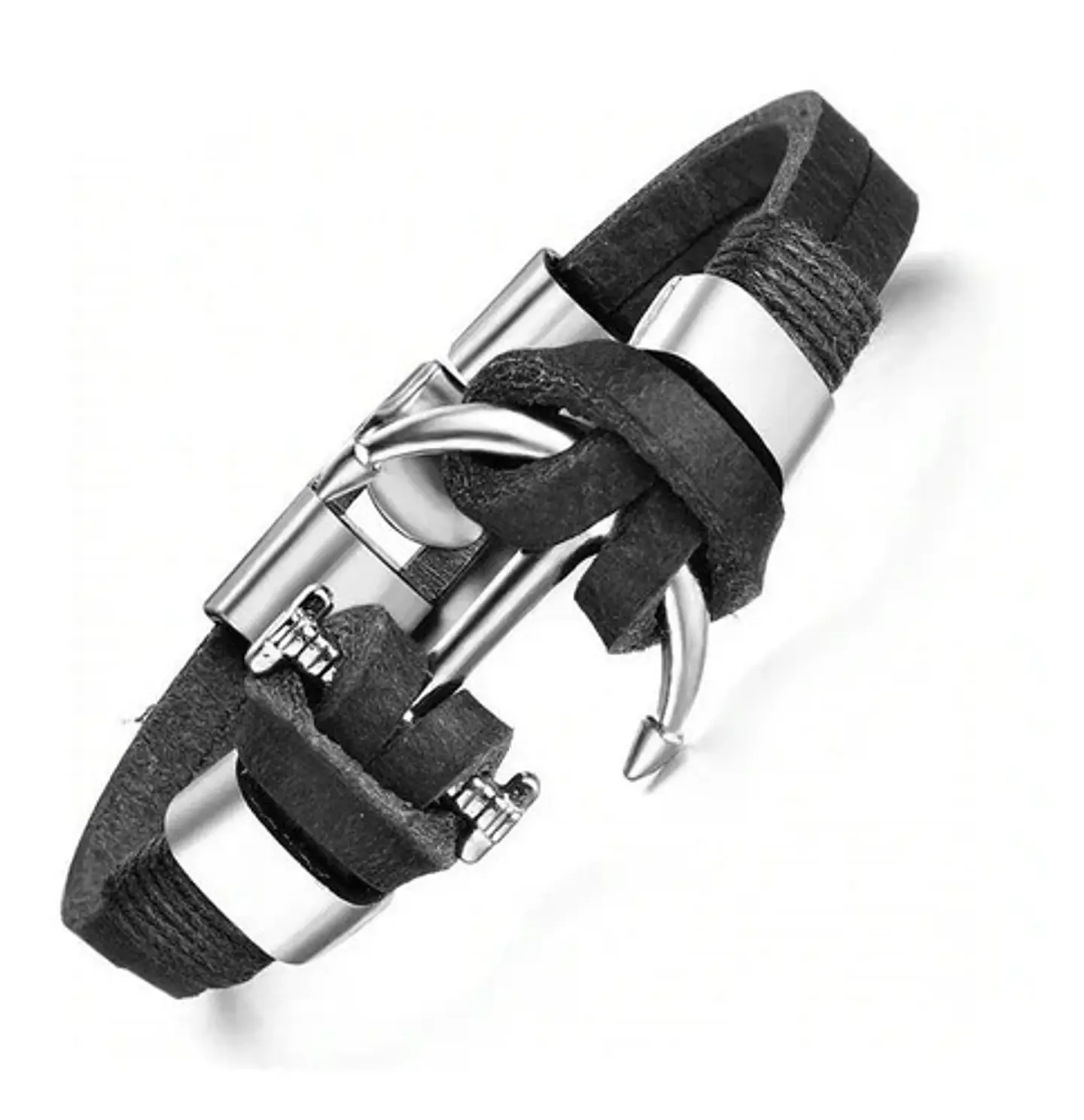 Pulsera Cuero Manilla Acero Inoxidable Ancla Plateada Hombre 1