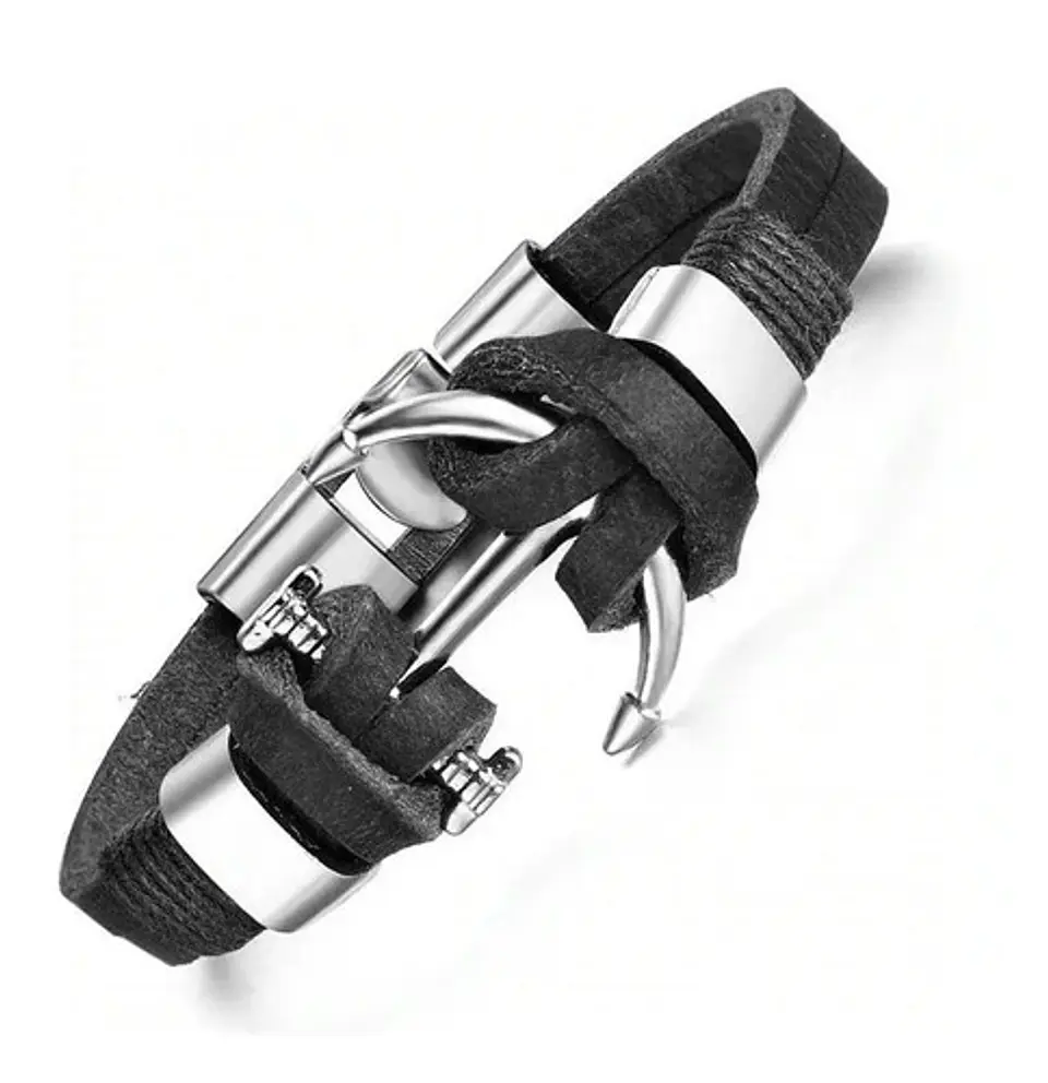 Pulsera Cuero Manilla Acero Inoxidable Ancla Plateada Hombre 1