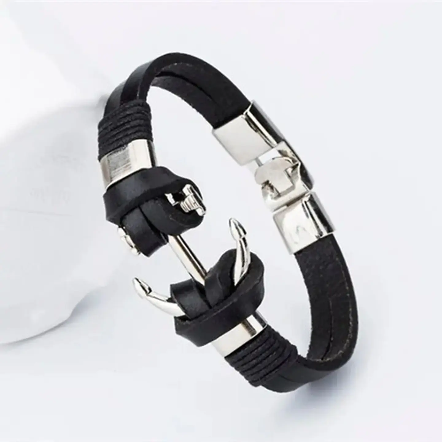 Pulsera Cuero Manilla Acero Inoxidable Ancla Plateada Hombre 2