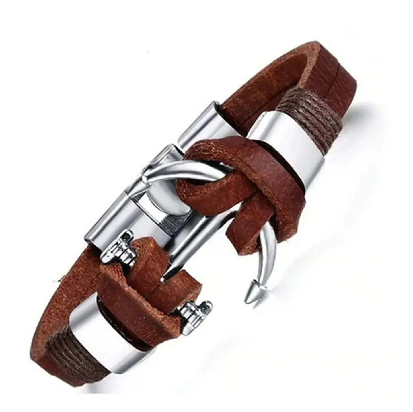 Pulsera Cuero Manilla Acero Inoxidable Ancla Plateada Hombre 3