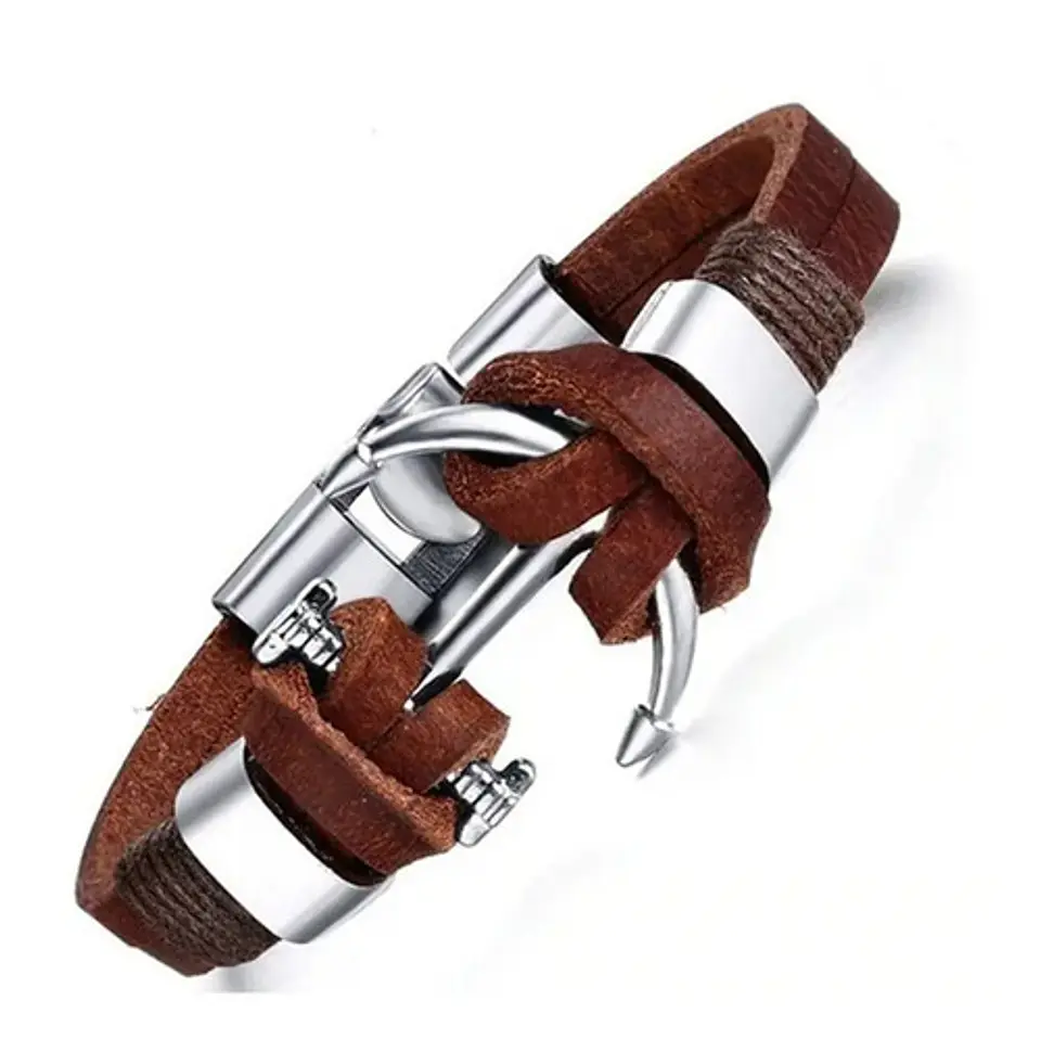 Pulsera Cuero Manilla Acero Inoxidable Ancla Plateada Hombre 3