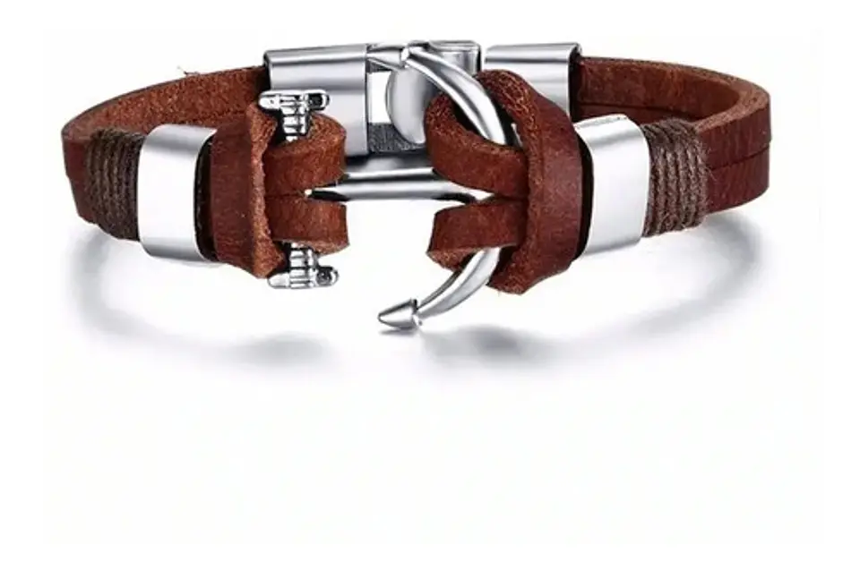 Pulsera Cuero Manilla Acero Inoxidable Ancla Plateada Hombre 4