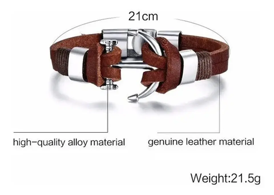 Pulsera Cuero Manilla Acero Inoxidable Ancla Plateada Hombre 5