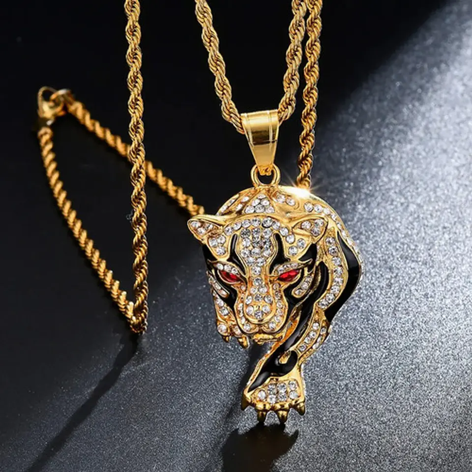 Collar Tigre Hip Hop Cz Color Oro Acero Inoxidable Hombre 3