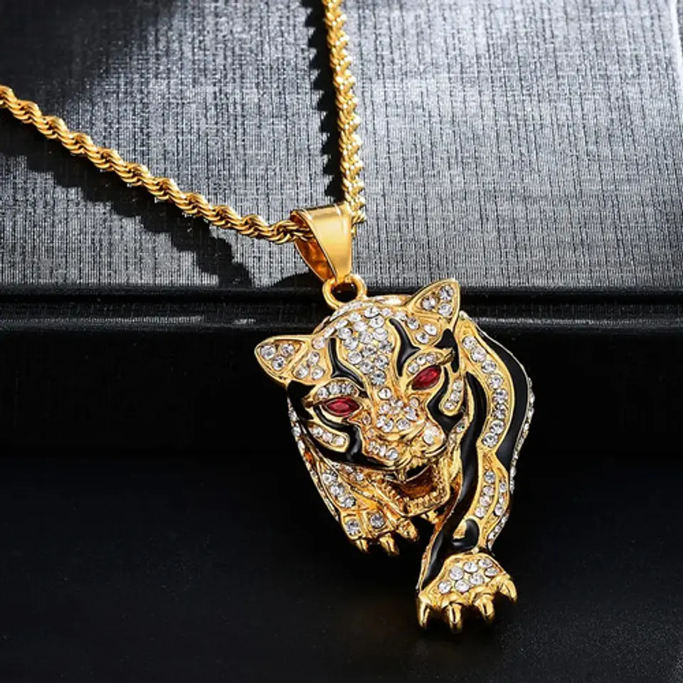Collar Tigre Hip Hop Cz Color Oro Acero Inoxidable Hombre 7