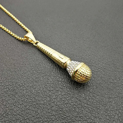 Collar Micrófono Hip Hop Color Oro Acero Inoxidable Hombre