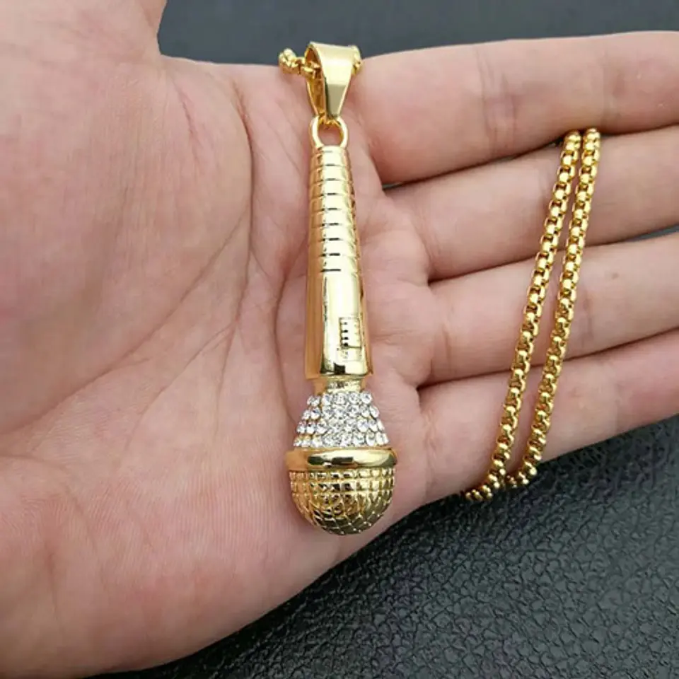 Collar Micrófono Hip Hop Color Oro Acero Inoxidable Hombre 4