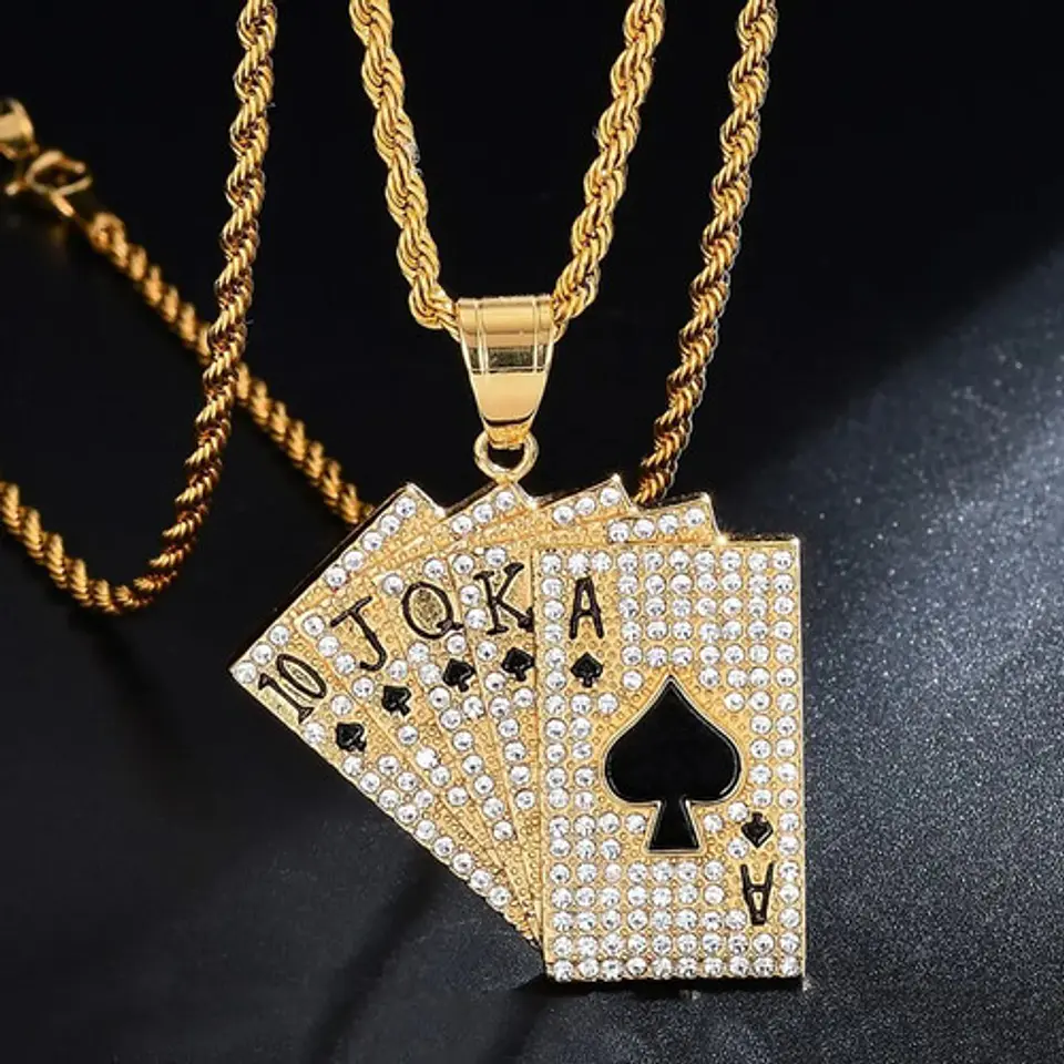 Collar Full Poker Hip Hop Color Oro Acero Inoxidable Hombre 5