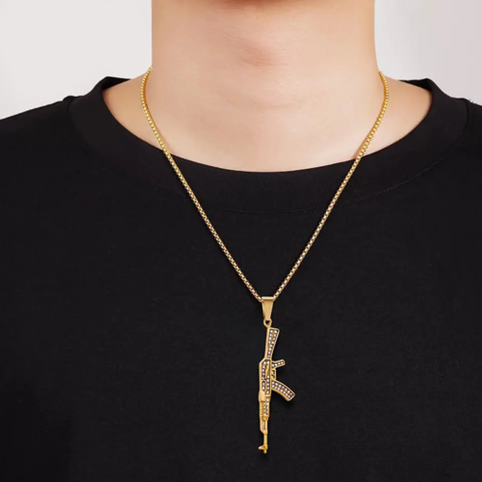 Collar Dije Ak 47 Hip Hop Color Oro Acero Inoxidable Hombre 2