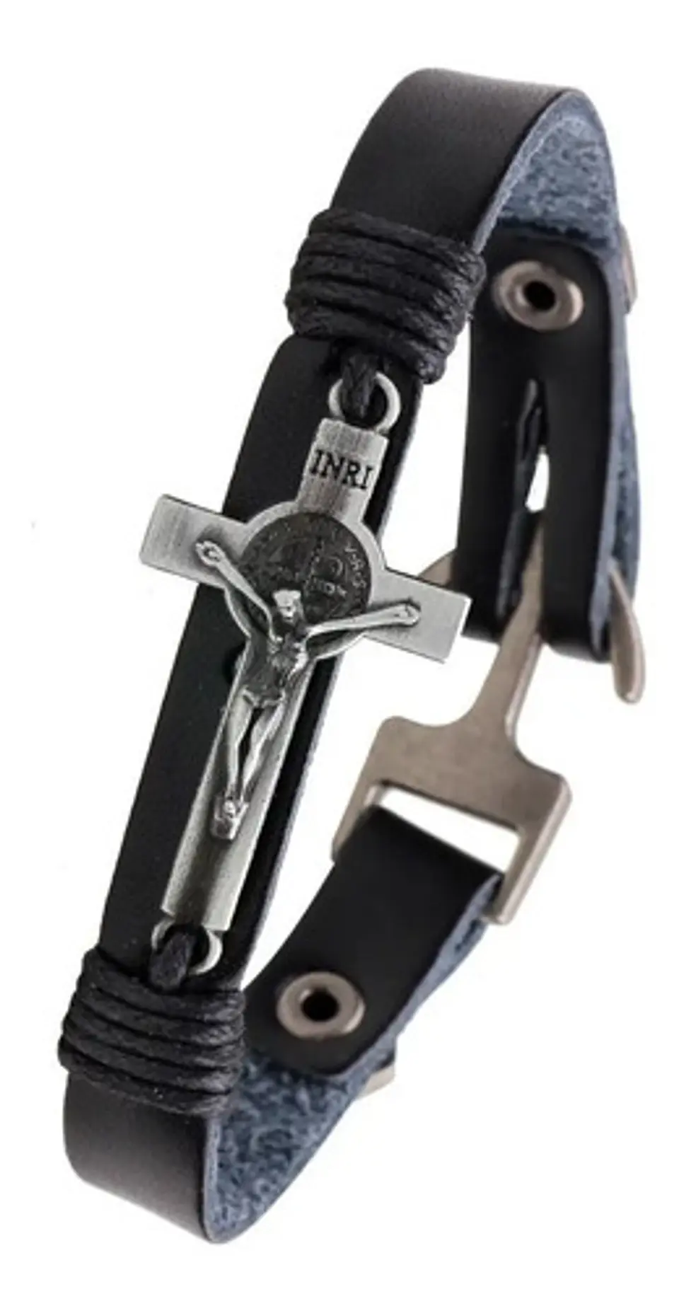 Pulsera Manilla Cruz Sello San Benito Cuero Ancla Hombre 1