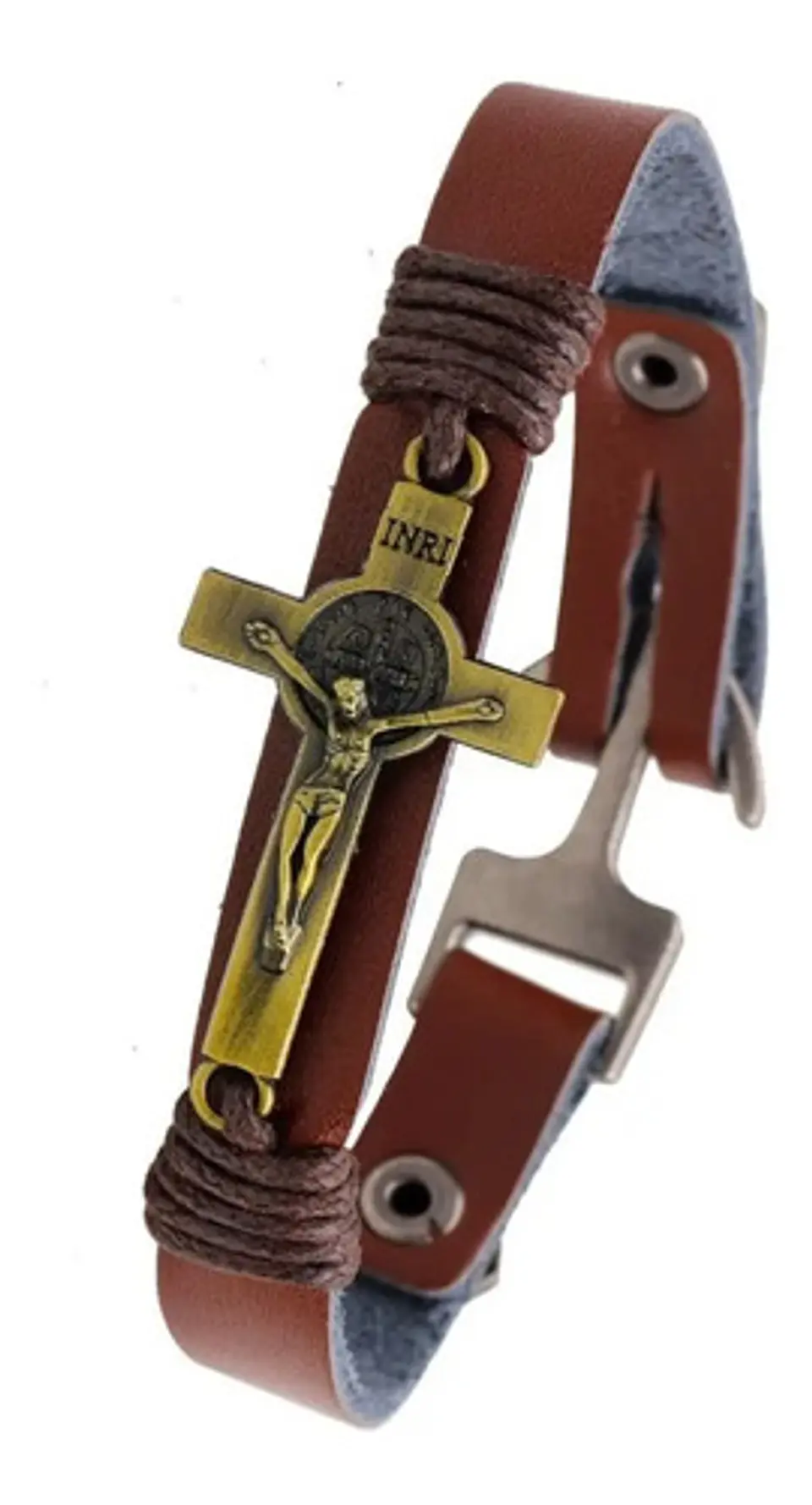 Pulsera Manilla Cruz Sello San Benito Cuero Ancla Hombre 5