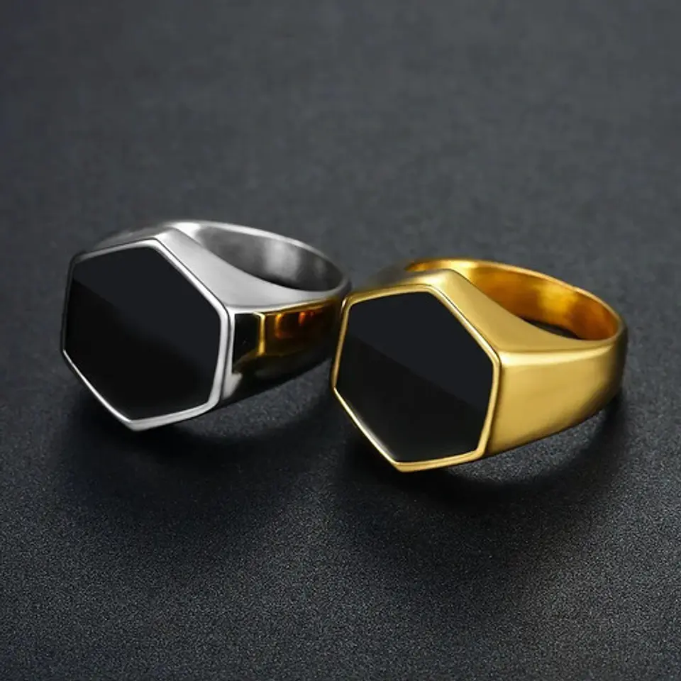Anillo Hexagonal Clásico Color Oro Acero Inoxidable Hombre 3