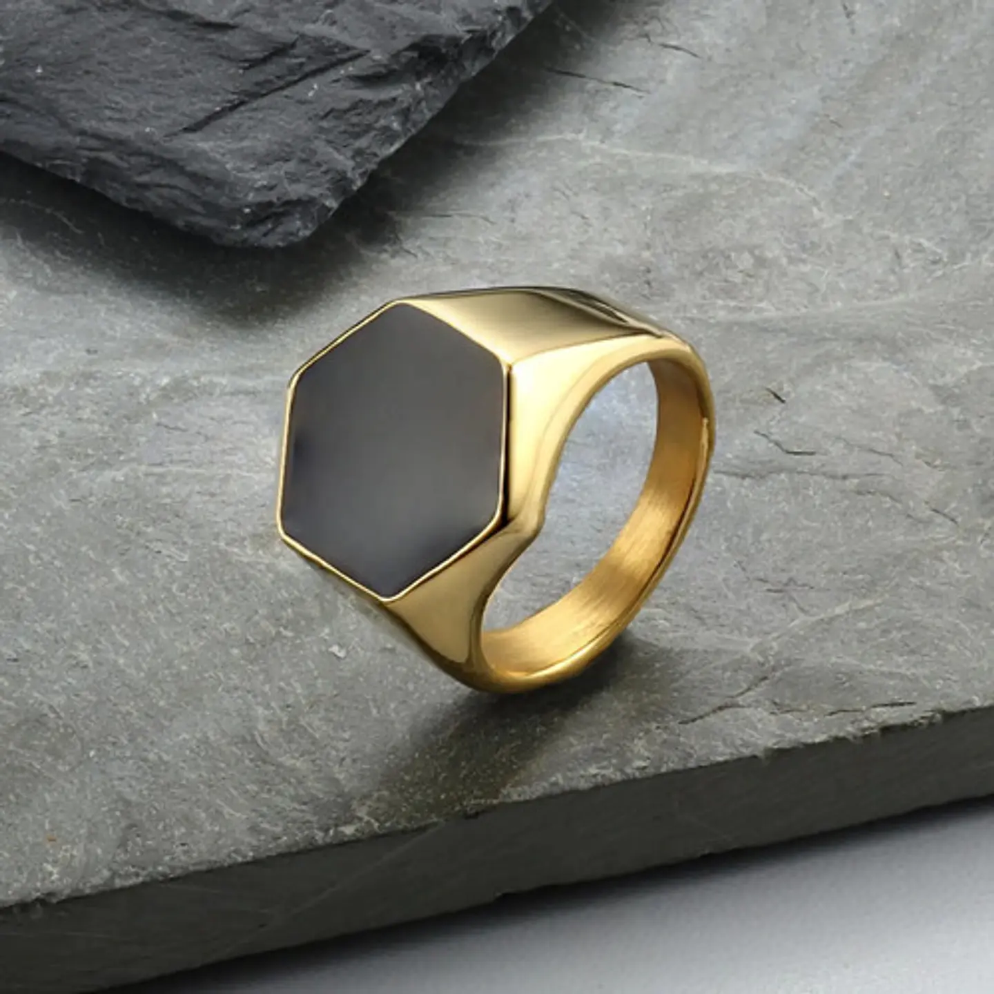 Anillo Hexagonal Clásico Color Oro Acero Inoxidable Hombre 4