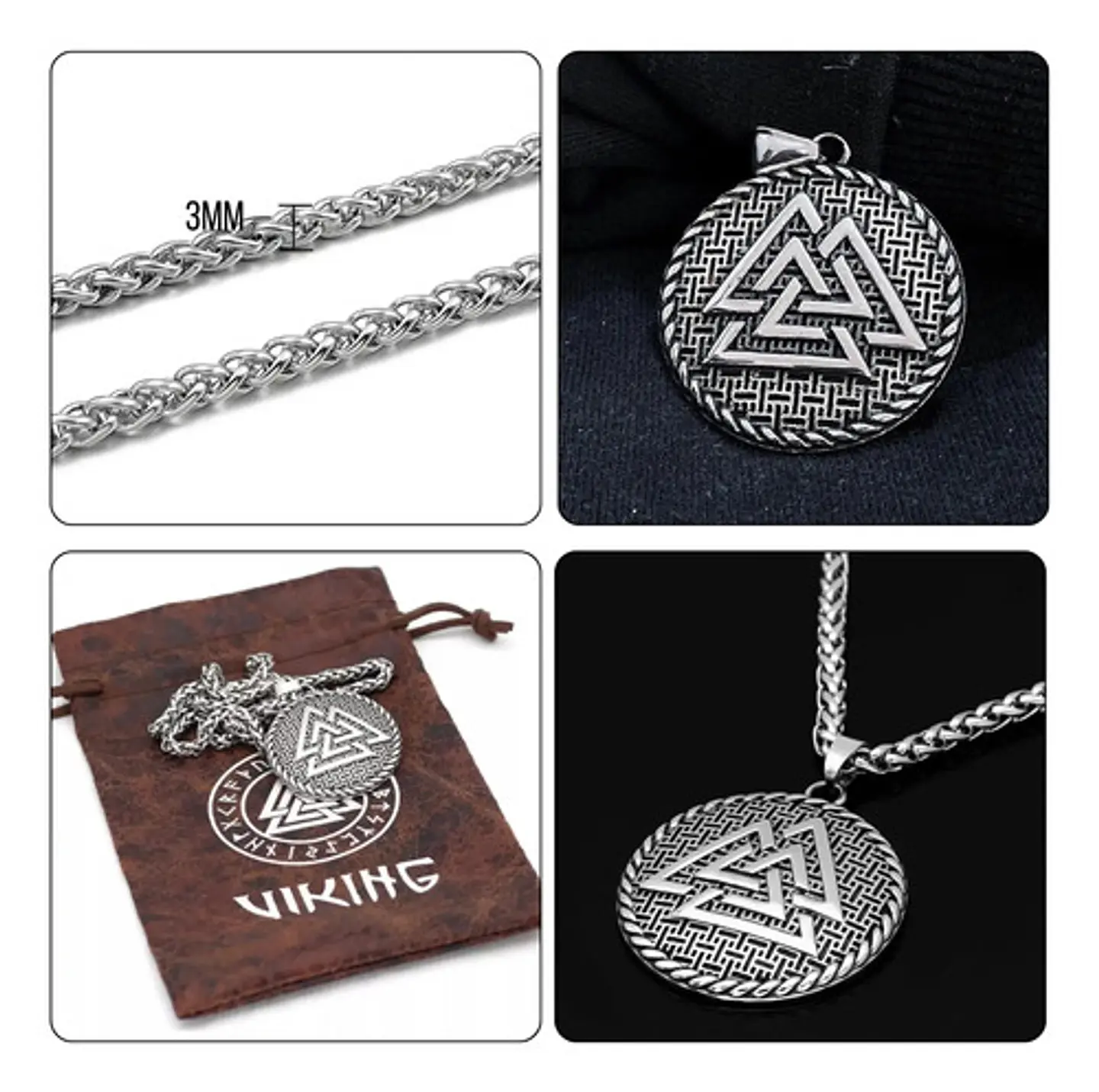 Collar Para Hombre Con Dije Vikingo Valknut Escudo Malla 2