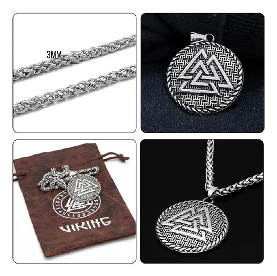 Collar Para Hombre Con Dije Vikingo Valknut Escudo Malla 2