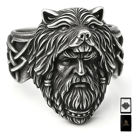 Anillo Vikingo Odin Lobo Color Plata Acero Inoxidable Hombre