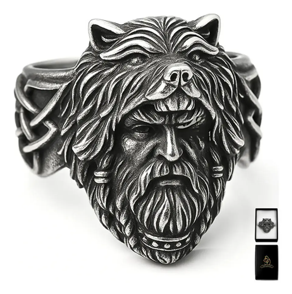 Anillo Vikingo Odin Lobo Color Plata Acero Inoxidable Hombre 1
