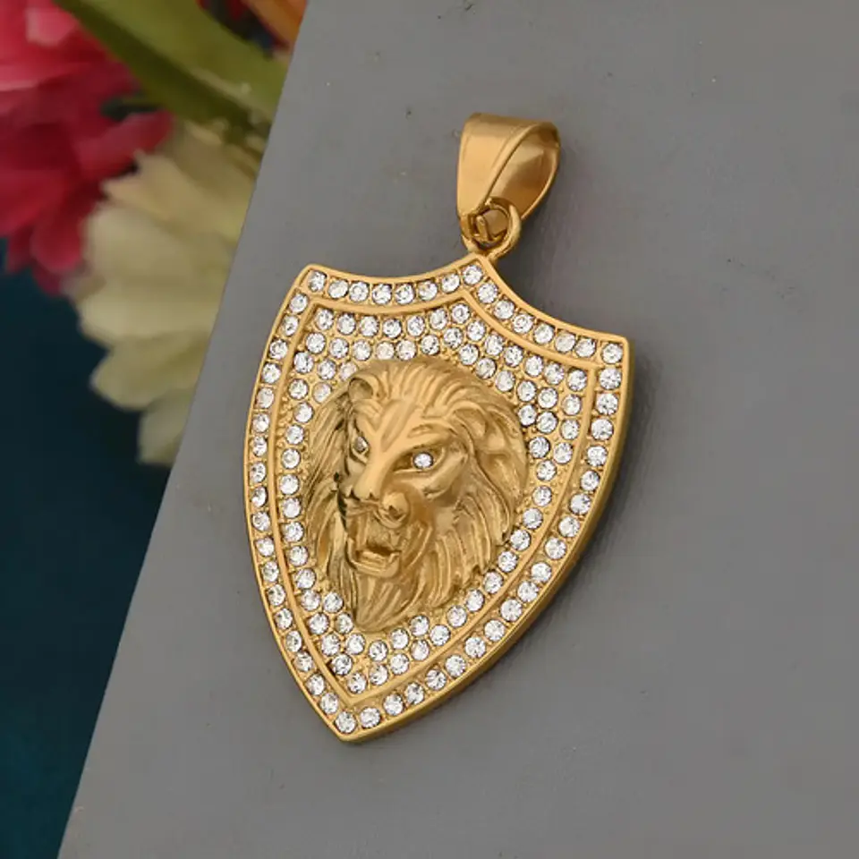 Collar Dije Escudo Leon Color Oro Acero Inoxidable Hombre 3