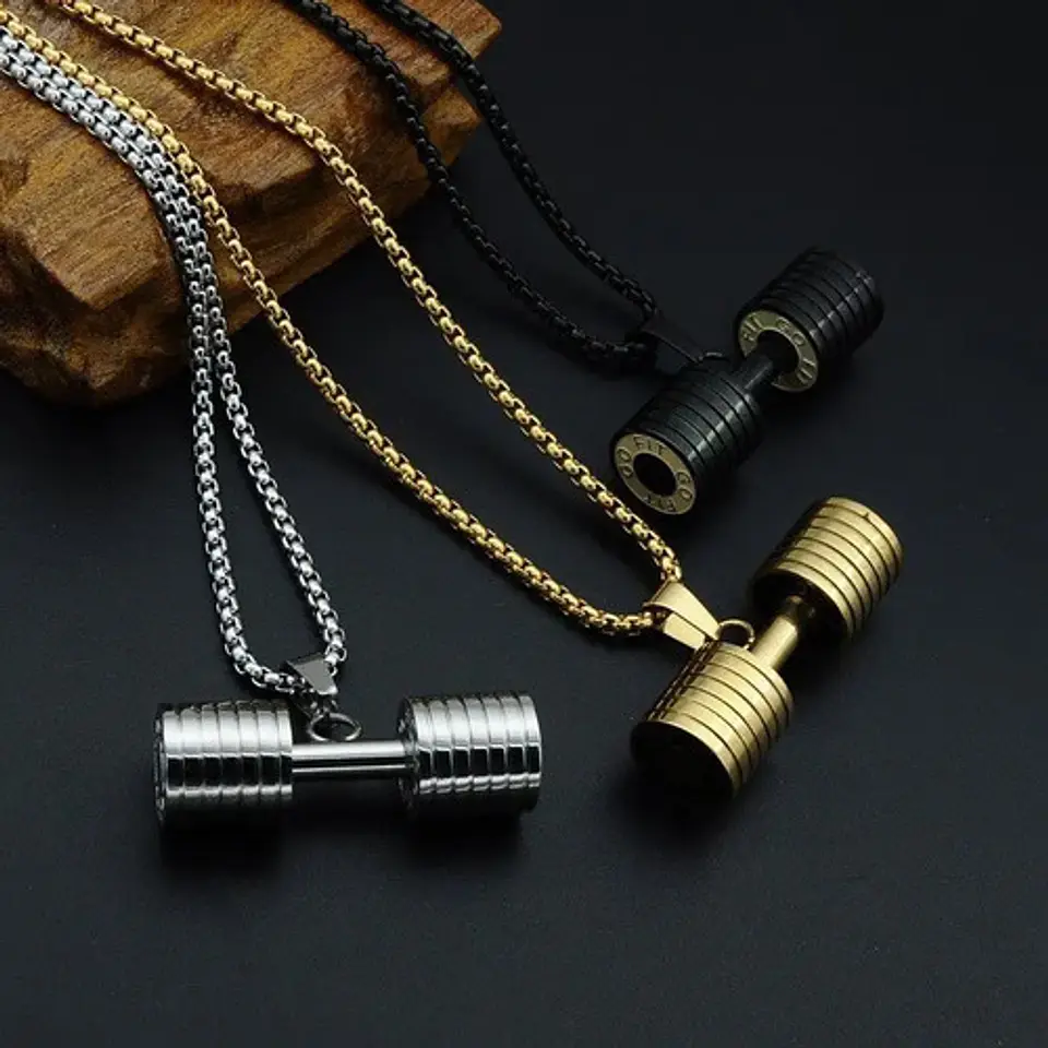 Collar Dije Mancuerna Color Oro Acero Inoxidable Para Hombre 10