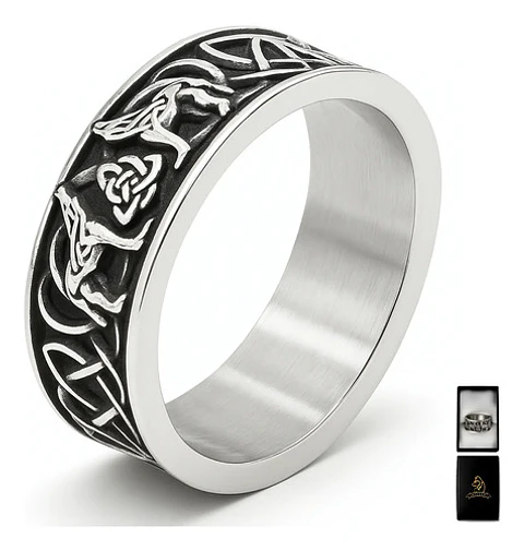 Anillo Vikingo Lobo Color Plata Acero Inoxidable Para Hombre