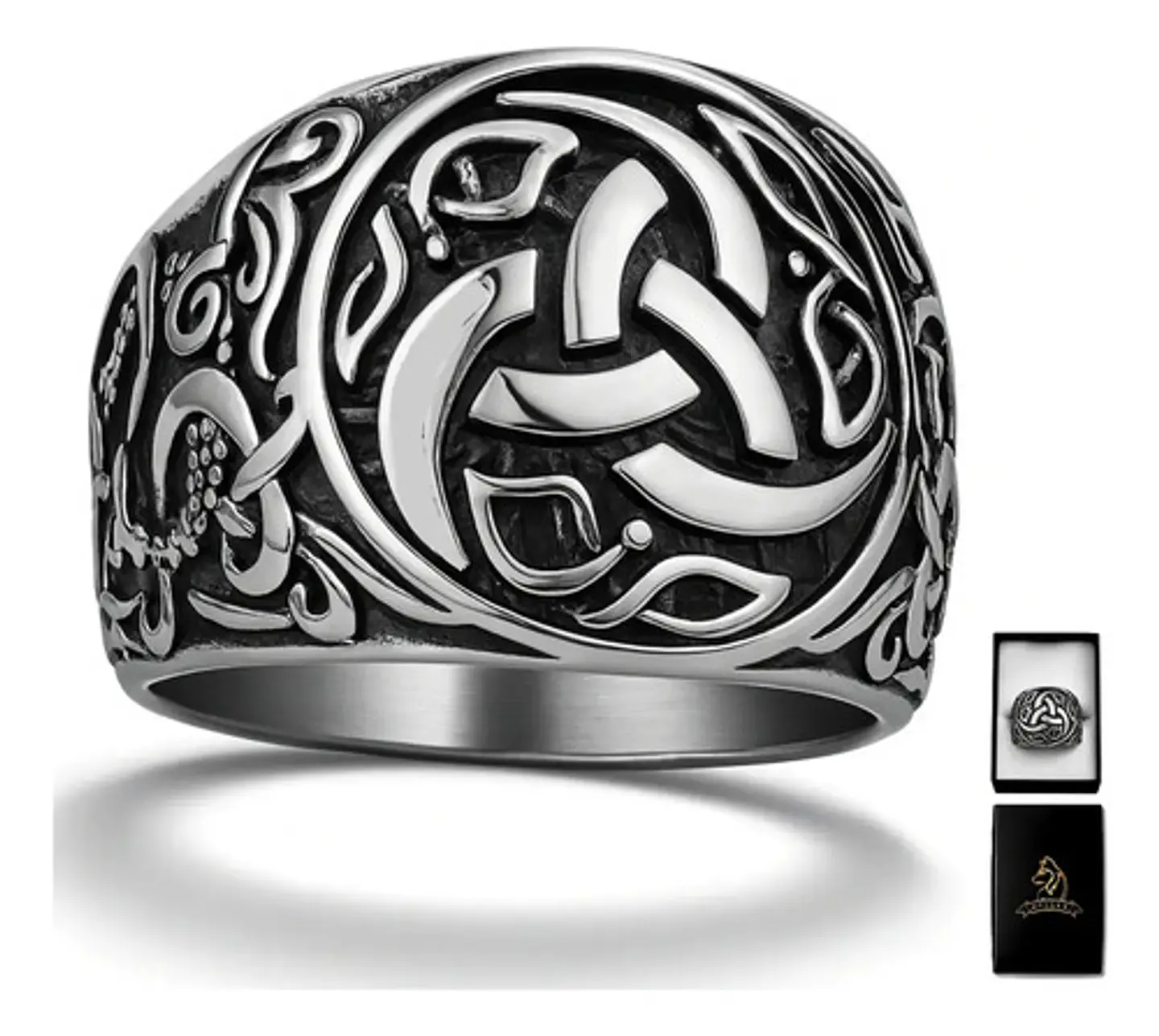  Anillo Vikingo Nudo Dragón Plateado Acero Inoxidable Hombre 1