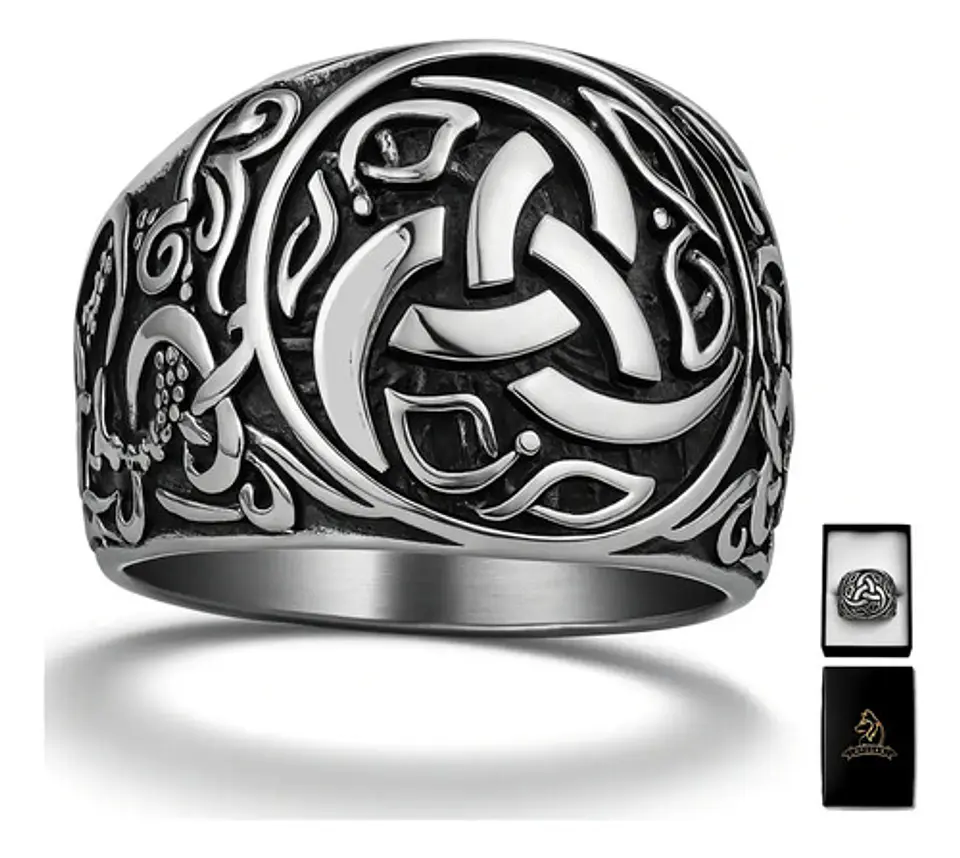  Anillo Vikingo Nudo Dragón Plateado Acero Inoxidable Hombre 1