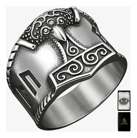 Anillo Para Hombres Vikingo Mjolnir Thor Nórdico Runas Acero