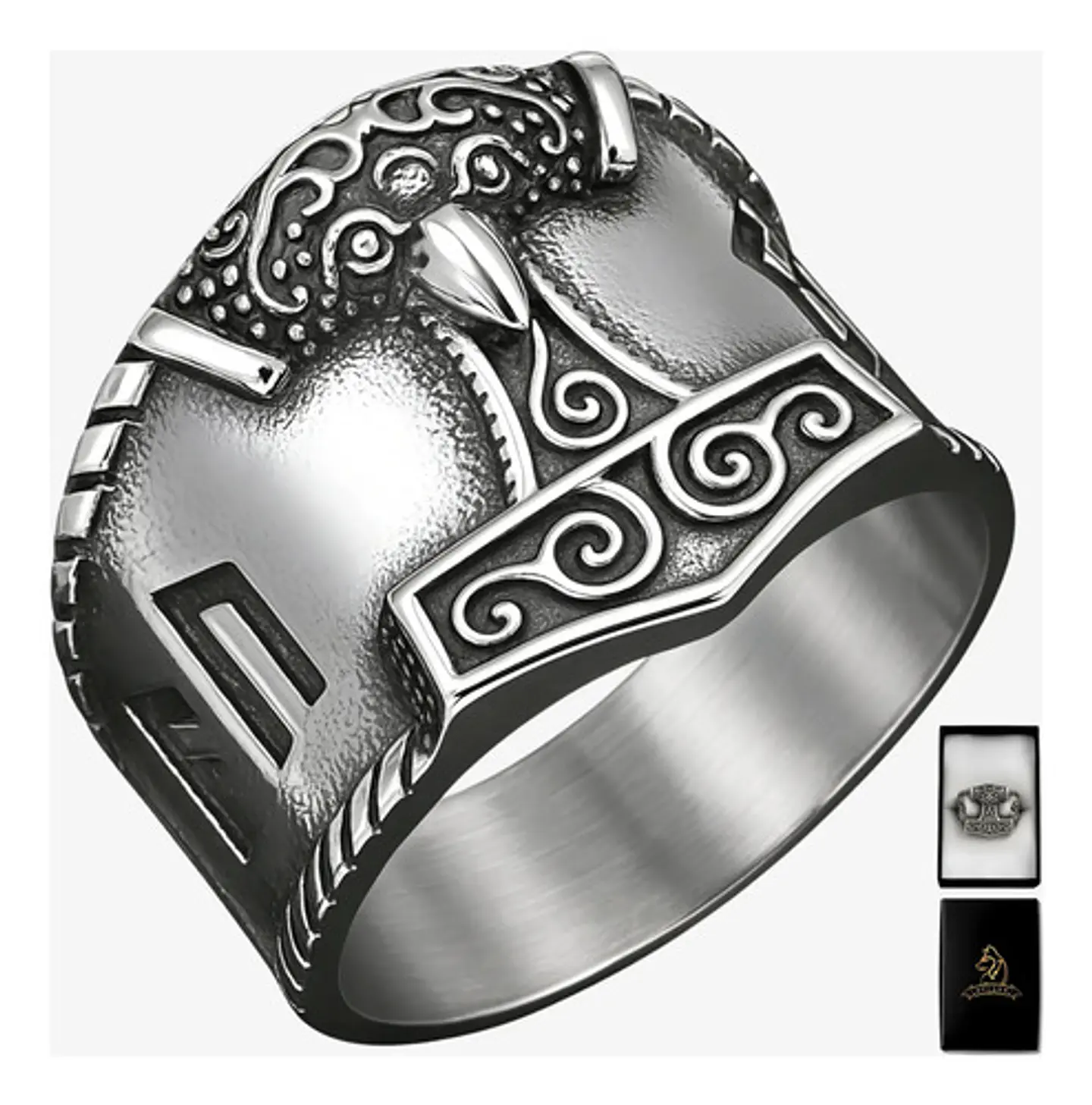 Anillo Para Hombres Vikingo Mjolnir Thor Nórdico Runas Acero 1
