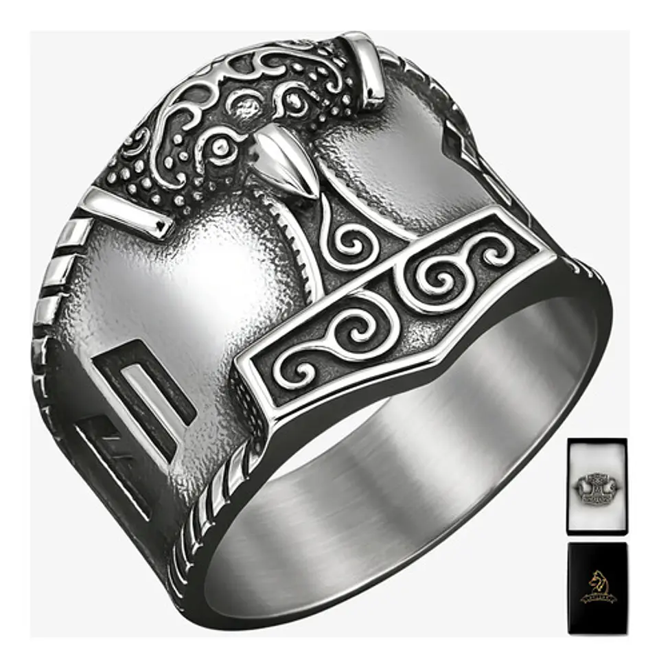Anillo Para Hombres Vikingo Mjolnir Thor Nórdico Runas Acero 1
