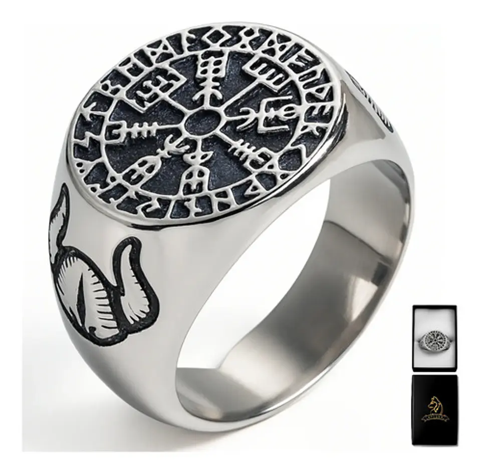 Anillo Para Hombres Vikingo Vegvisir Color Plata De Acero 1
