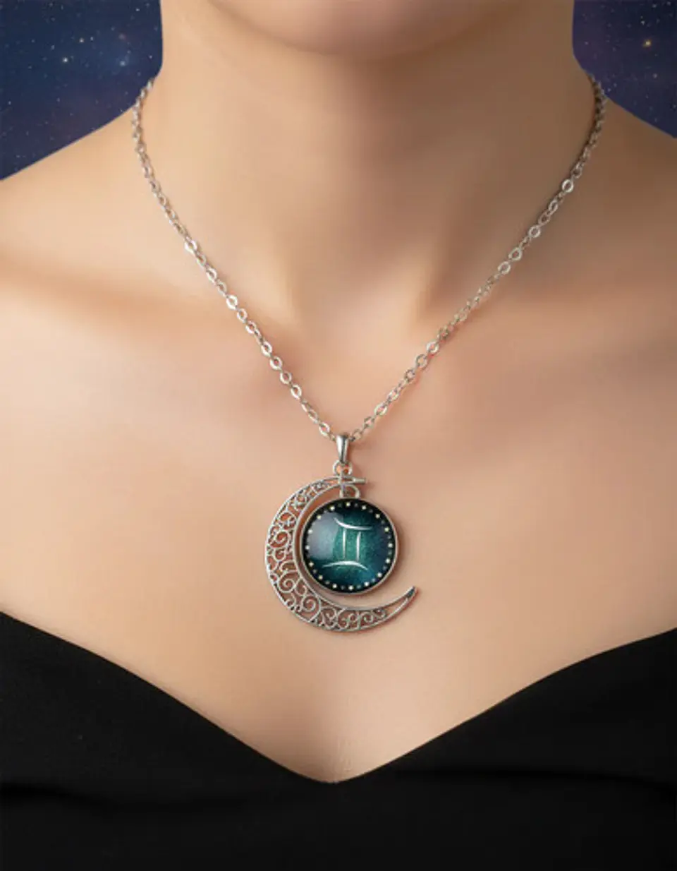 Collar Para Mujer Dije Cabujon Cristal Luna Signos Zodiacal 13