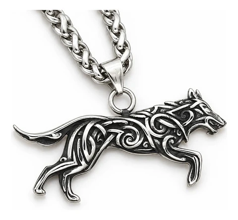 Collar Vikingo Color Plata En Acero Para Hombres Dije Lobo