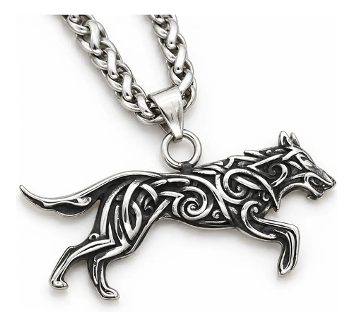 Collar Vikingo Color Plata En Acero Para Hombres Dije Lobo 1