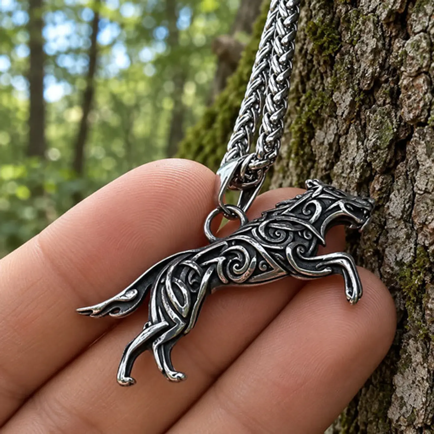 Collar Vikingo Color Plata En Acero Para Hombres Dije Lobo 4