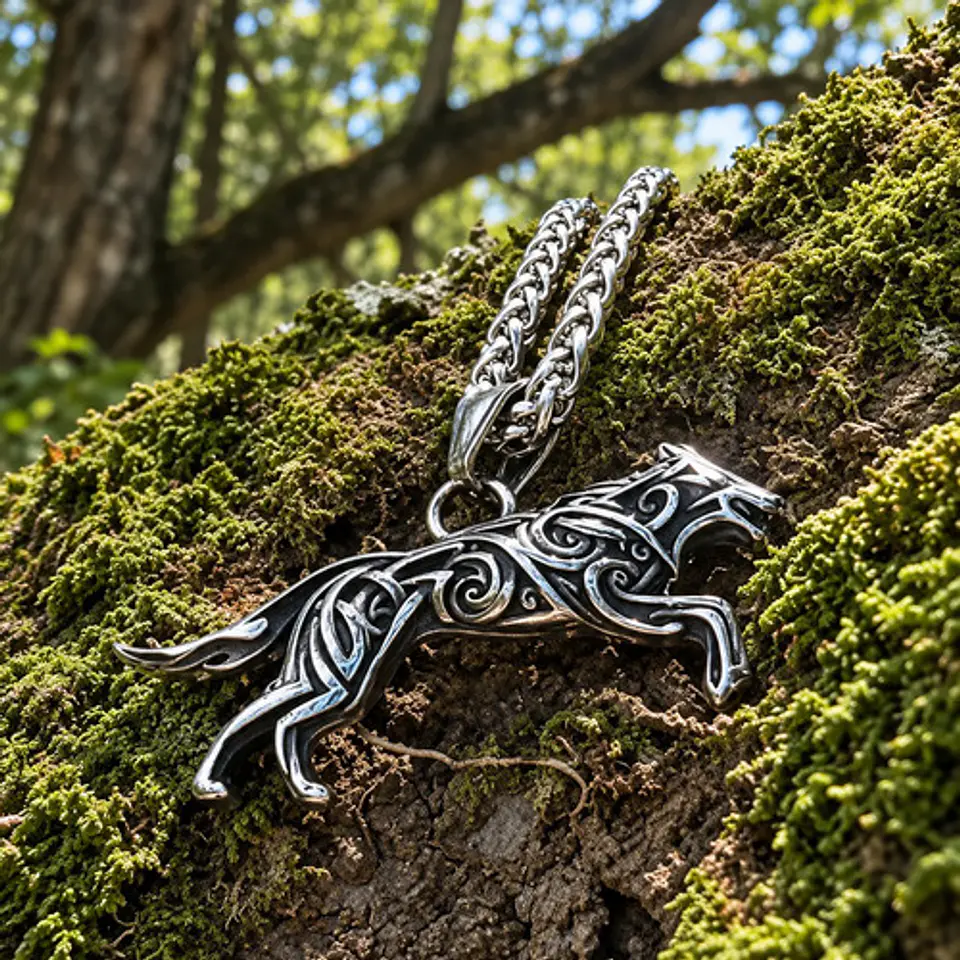 Collar Vikingo Color Plata En Acero Para Hombres Dije Lobo 5