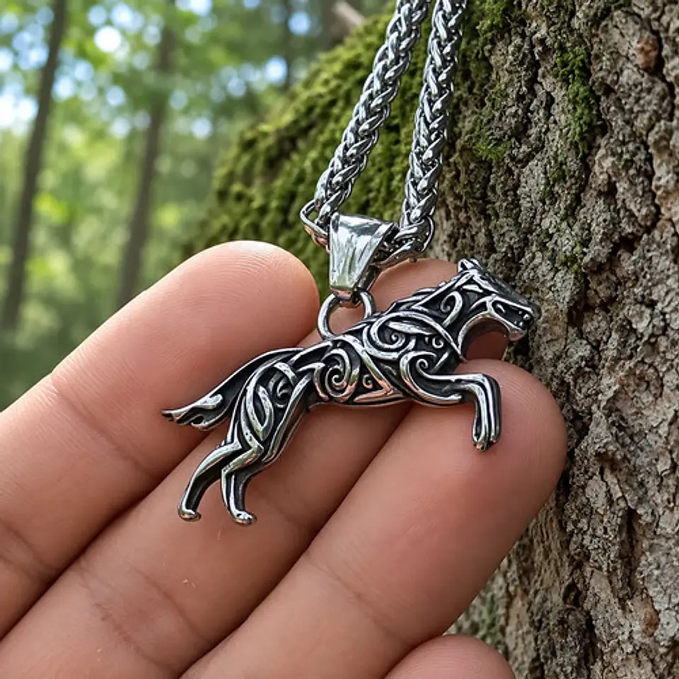 Collar Vikingo Color Plata En Acero Para Hombres Dije Lobo 6