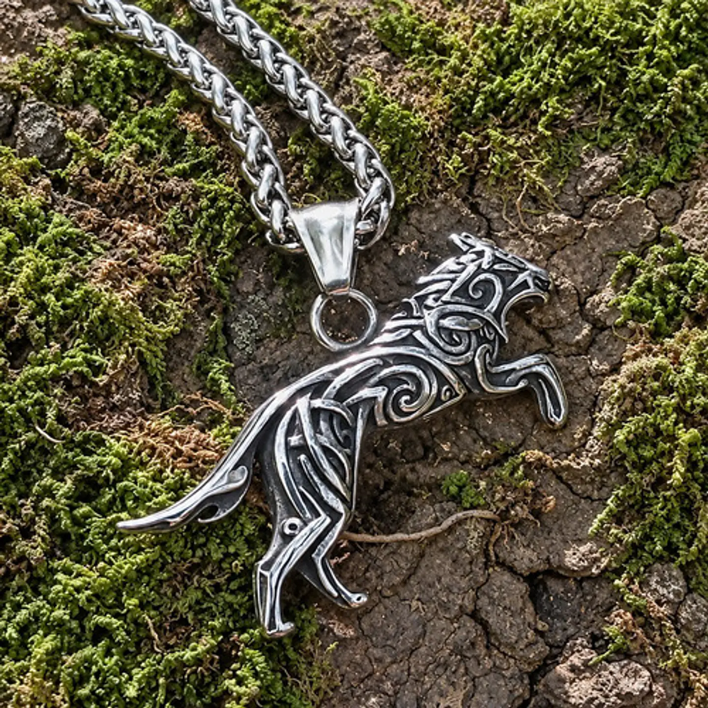 Collar Vikingo Color Plata En Acero Para Hombres Dije Lobo 7