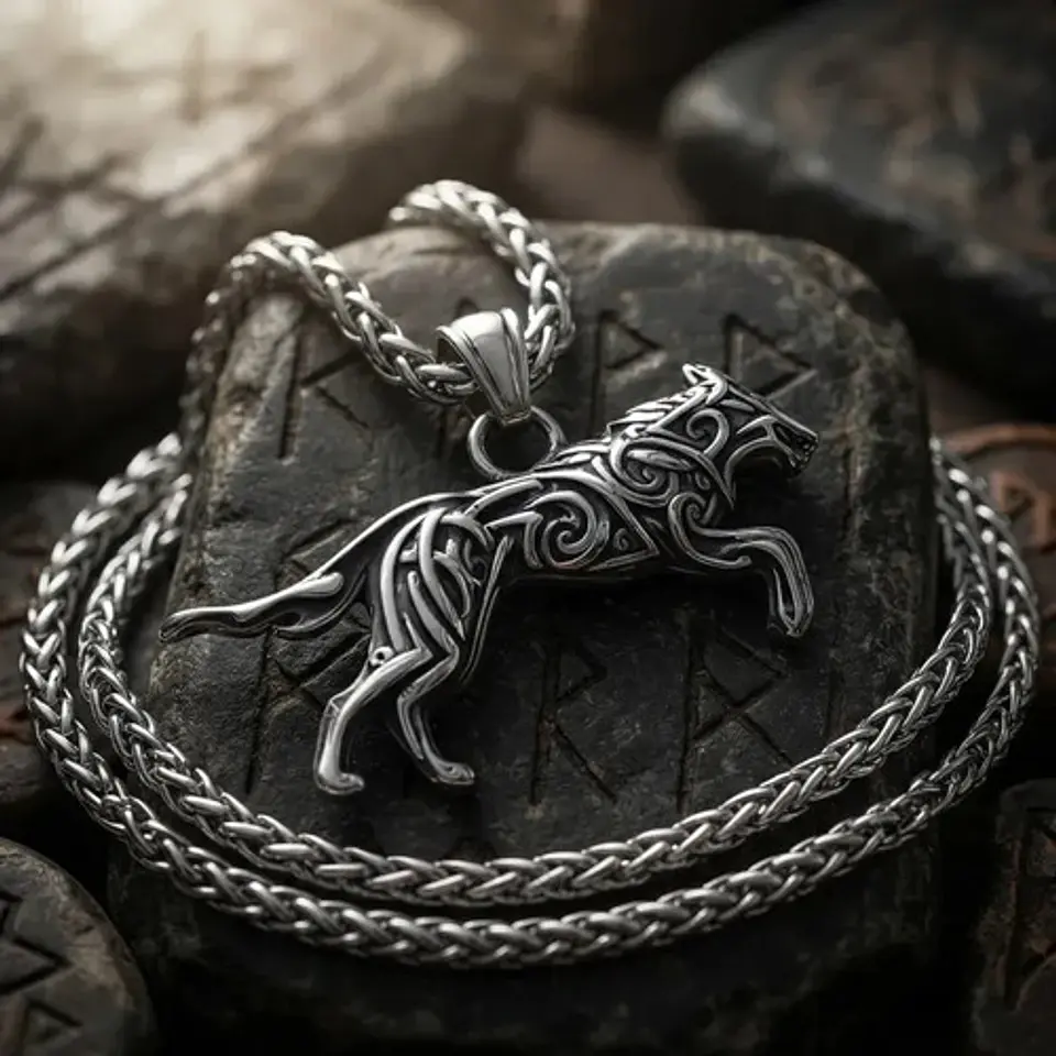 Collar Vikingo Color Plata En Acero Para Hombres Dije Lobo 12