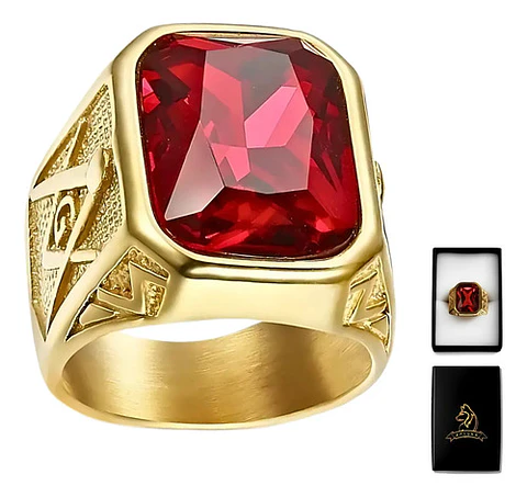 Anillo Para Hombre Masón Logia Con Piedra Cz Acero Color Oro