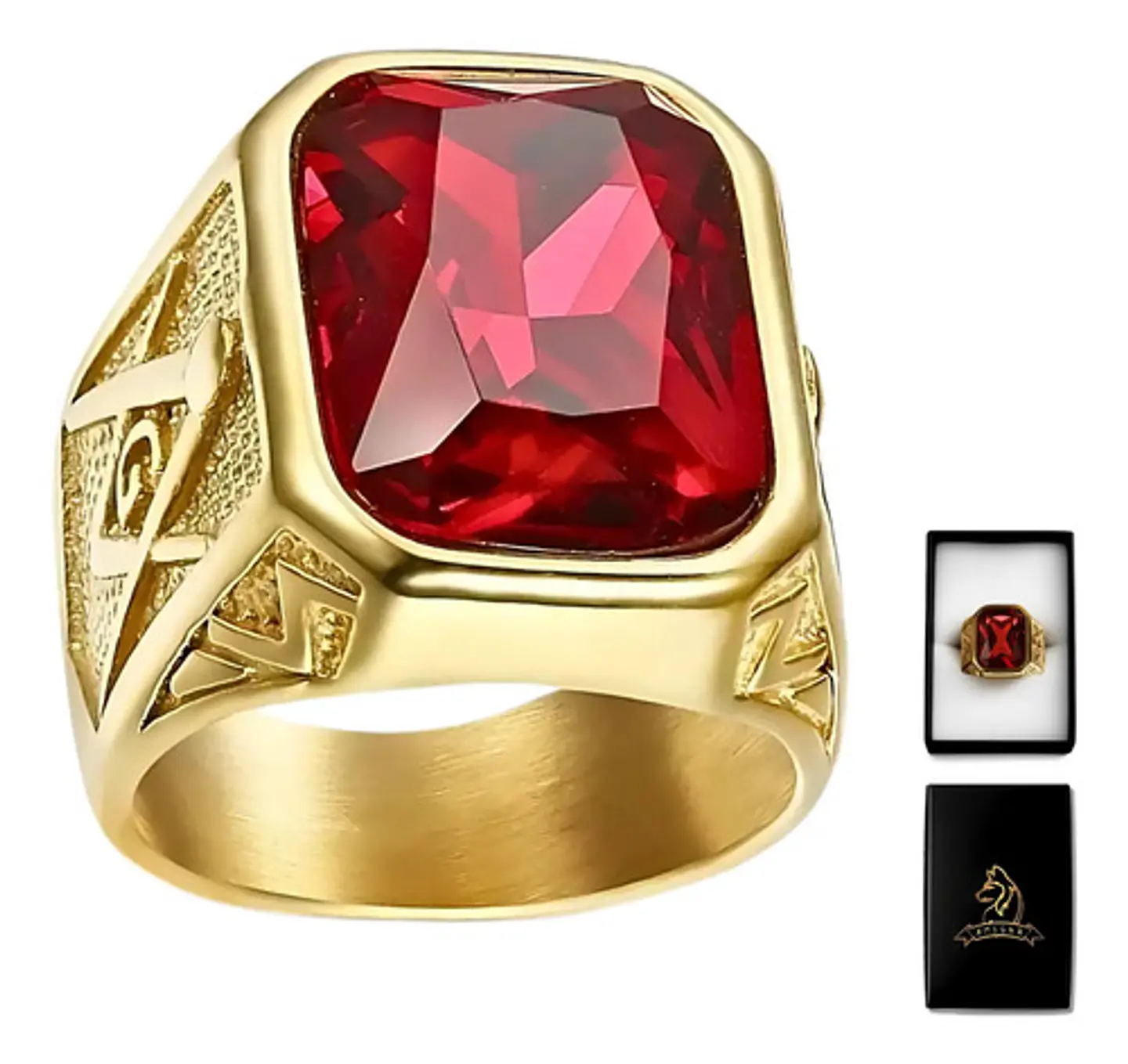 Anillo Para Hombre Masón Logia Con Piedra Cz Acero Color Oro 1